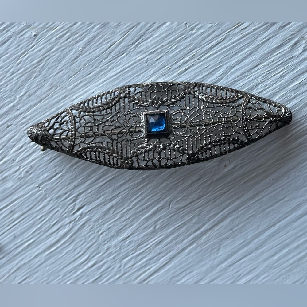 Ostby Barton Sterling Silver Filigree Art Deco Brooch Pin, Blue Rhinestone